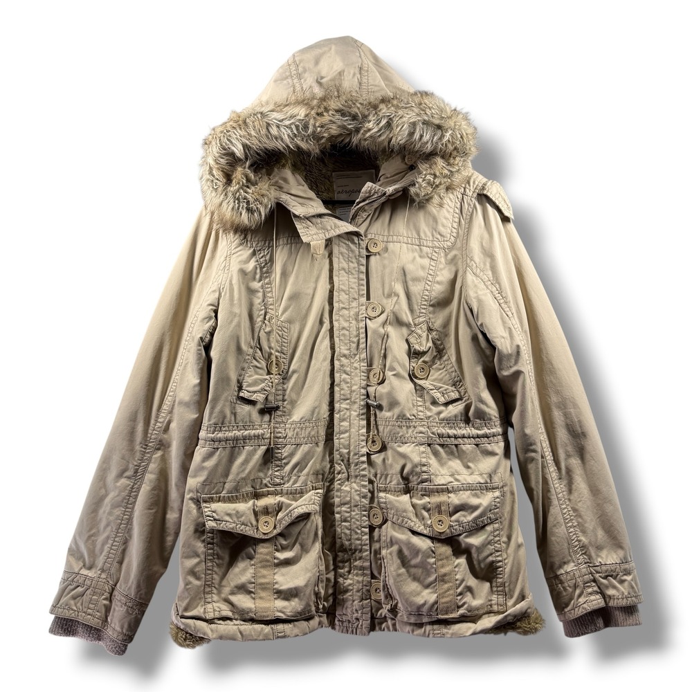 Aeropostale Womens Tan Khaki Sherpa Lined Parka Jacket Faux Fur Hood XL